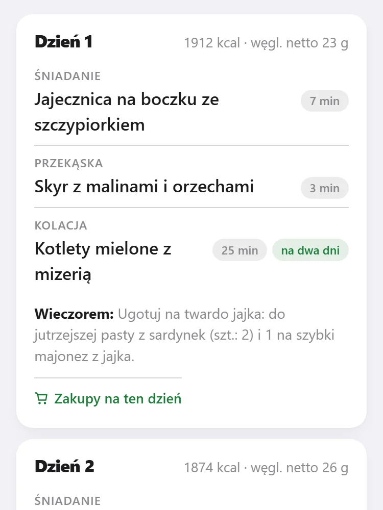 Dzień planu: śniadanie, przekąska i kolacja, czas przy każdym daniu i przypomnienie, co zrobić wieczorem