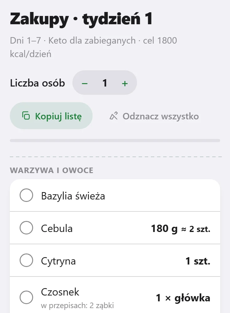 Lista zakupów działami sklepu. Ustawiasz liczbę osób i odhaczasz w telefonie