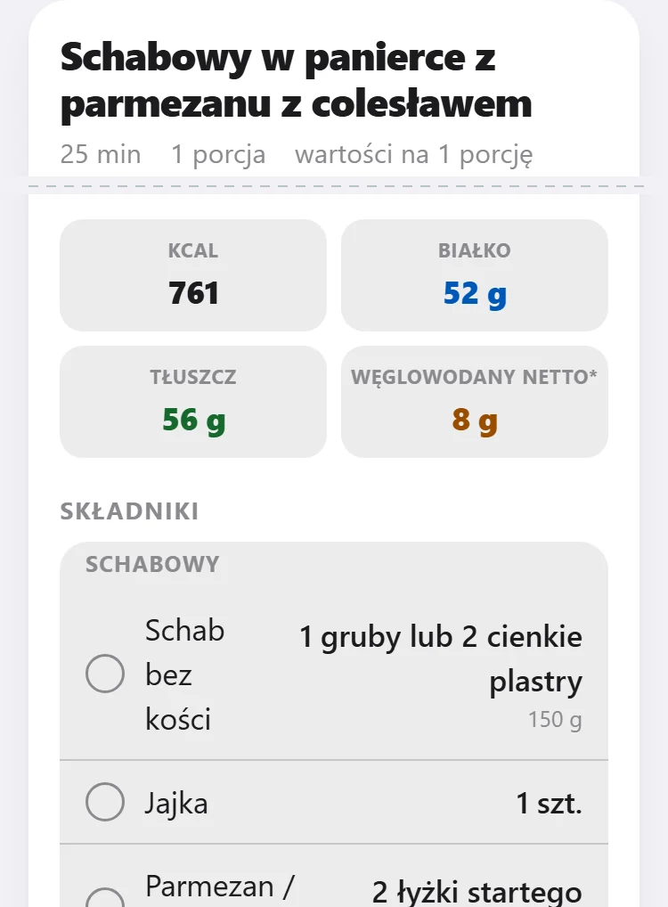Przepis: makro, a przy składnikach miara z kuchni — plaster, łyżka, sztuka